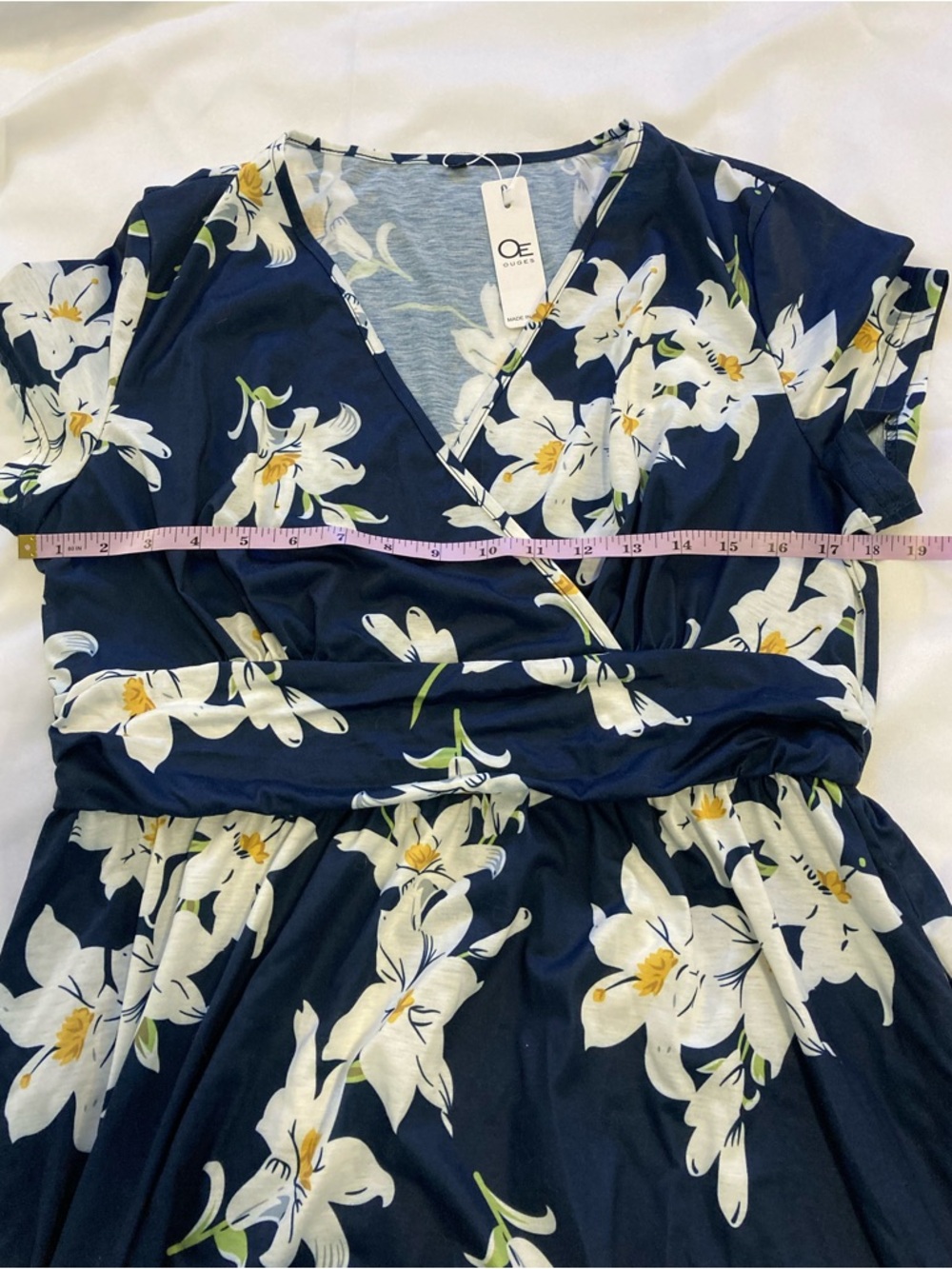 OUGES Navy Floral Wrap Dress Short Sleeve Knee Length XL Pockets - Picture 8 of 9